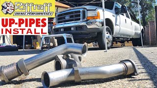 2001 F350 73  RiffRaff UpPipes Install  Stock up pipes leaking and falling apart JUNK SP [upl. by Shea]